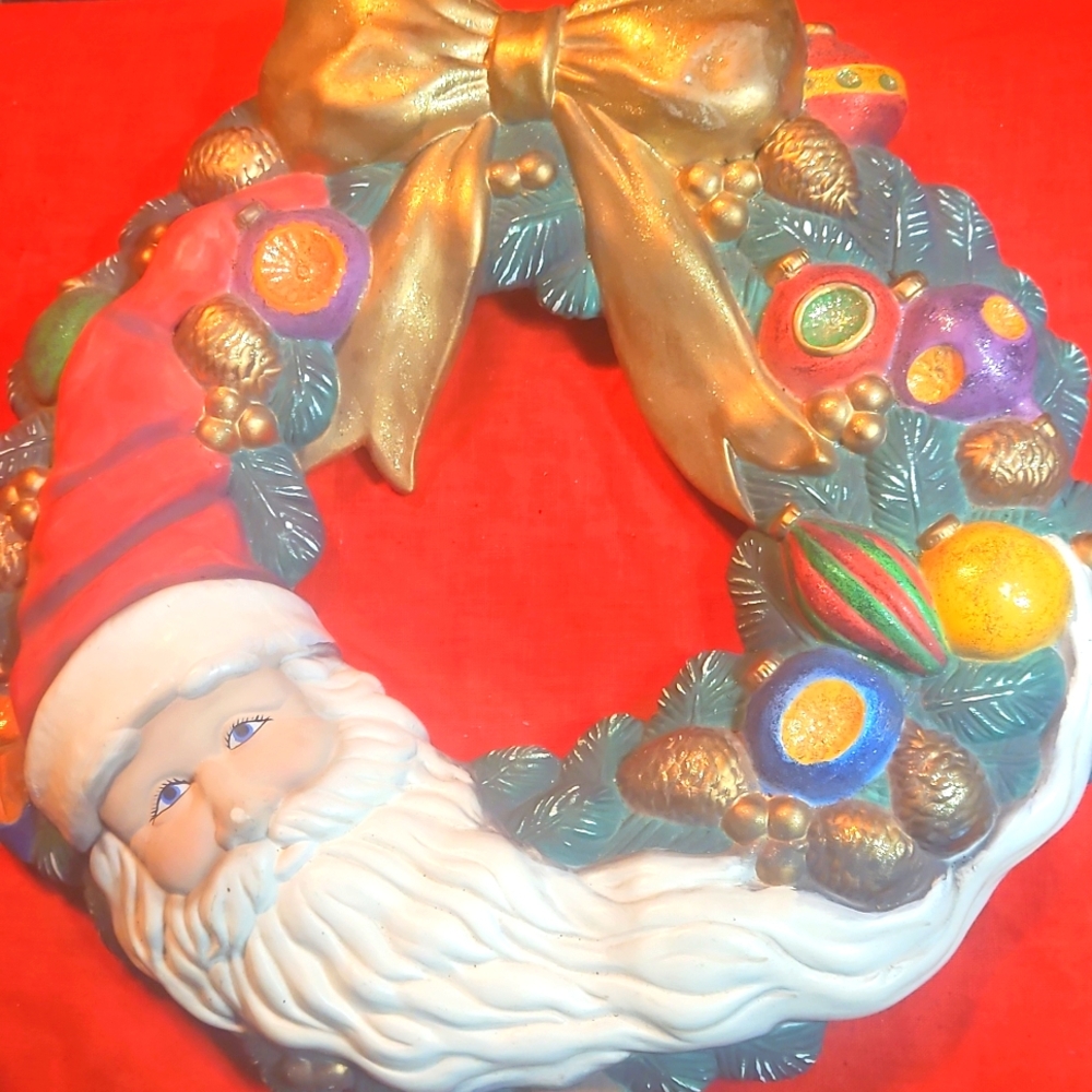 VINTAGE kURT ADLERS PLASTER - CHALK WREATH ORNAMENTS SANTA GLITTER GOLD BOW 15"